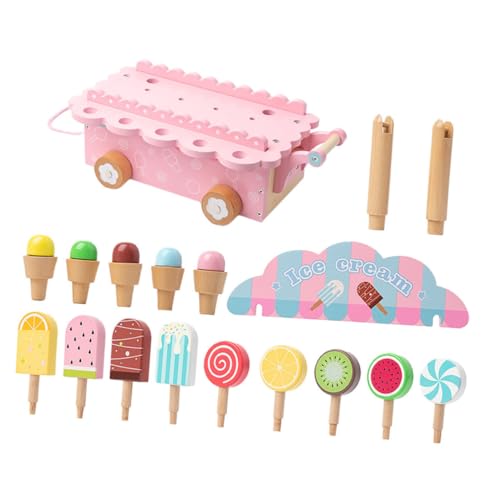 BESTonZON Eisladen Spielset aus Holz mit Eiswagen Realistischem Design Motorischer und Kreativem Rollenspiel für Junge Mädchen Pädagogisches Kaufladen für Familie von BESTonZON
