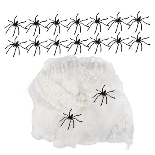 BESTonZON Halloween Deko Spinnennetz mit Schwarzen Kunststoffspinnen und Dehnbarem Nachtleuchtendem Spinnweben-Material für Gruselige Party Hausdekoration von BESTonZON