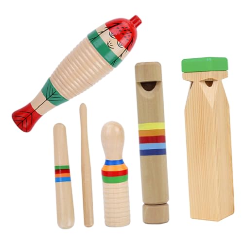 BESTonZON Holz Percussion Instrumentenset Frühförderung Musikspielzeug mit Fischfrosch Schaber Resonator Zugflöte und Zugpfeife Fördert Hand Auge Koordination und Kreatives für Kleinkinder von BESTonZON