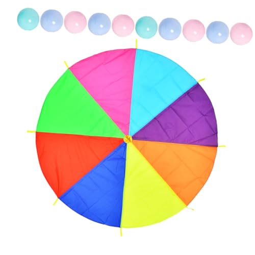 BESTonZON Lernspiel Regenbogenschirm Bunte Bälle Outdoor Fallschirm für Teamwork Motorik Kooperatives Kindergarten Spiel Sensorische Farbenförderung für Garten und Party Zufällige Farbe von BESTonZON