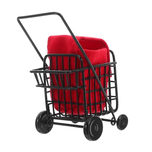 BESTonZON Maßstab Schwarzer Mini Supermarkt Einkaufswagen mit Kompakter Kleiner Handwagen für Puppenhaus Zubehör Realistisches Rollendes von BESTonZON