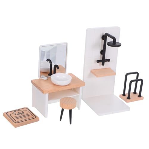 BESTonZON Miniatur Badezimmermöbel aus Kunststoff und Holz Realistische Miniatur Waschbecken Hocker Handtuchhalter Dusche für Puppenhaus Zubehör Detailgetreue Puppenmöbel Badezimmer Dekor von BESTonZON