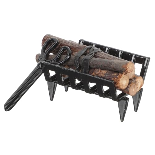 BESTonZON Miniatur Puppenhaus Kamin Zubehör Mini Brennholzregal mit Zange Schwarze Miniatur Feuerholz Dekoration Langlebiges Sichere Wohnzimmerschmuck für Mini Haus und Bastelprojekte von BESTonZON
