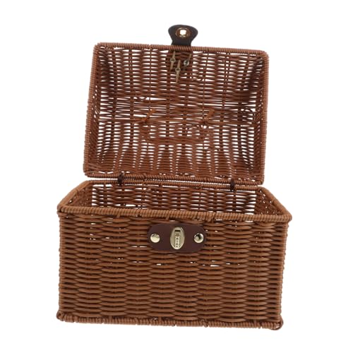 BESTonZON Vintage-Box Aus Geflochtenem Material Dekorativer Korbkoffer Für Aufbewahrung Handgefertigte Mini-Box Aus Rattanimitat Kleine Picknickbox Mit Rattandeckel Aufbewahrungsbox Für von BESTonZON