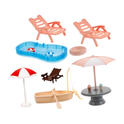 BESTonZON Miniatur Strandspielset Teilig mit Schwimmring Strandstuhl Sonnenschirm und Boot Leichte DIY Pool Dekoration für Puppenhäuser und Gartenlandschaften Tragbar für Drinnen und Draußen von BESTonZON