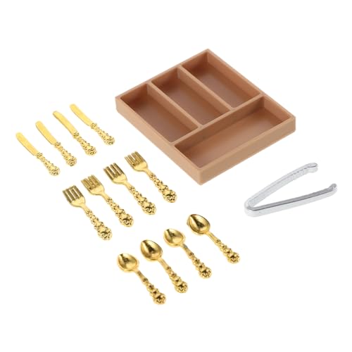 BESTonZON Puppenhaus Besteck mit Töpfen Löffeln Gabeln Messern und Aufbewahrungsbox für Realistische Spielküchenaccessoires von BESTonZON
