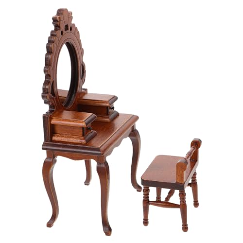BESTonZON Puppenhaus Möbelset mit Spiegel und Hocker aus Holz Elegante Vintage Schlafzimmerdekoration für Kreative Spiel und Sammlerstücke von BESTonZON