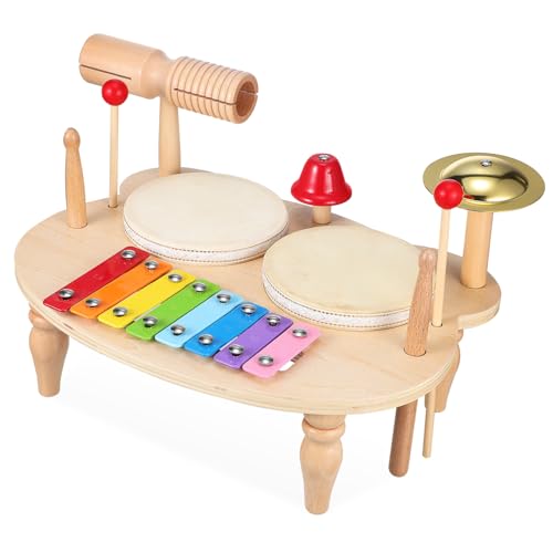 BESTonZON Musikinstrumenten-Set – Holztrommeln Tamburin Xylophon – Kinderschlagzeug Mit Schlägeln – Pädagogisches Musikgeschenk Für Kleinkinder von BESTonZON