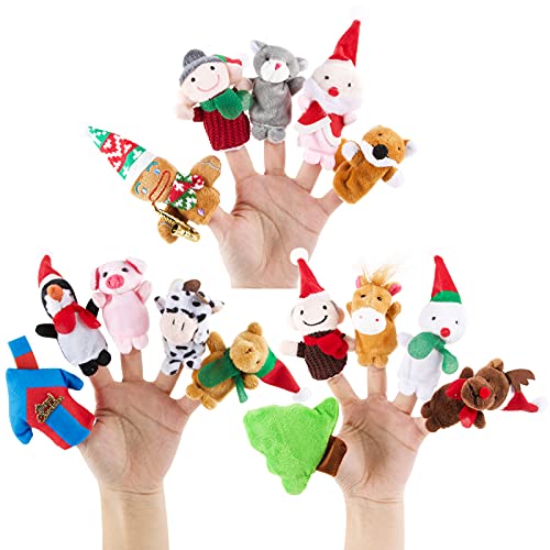 15 Stück Weihnachten Fingerpuppen Set Plüschtier Stoff Puppen mit Weihnachtsmann Schneemann Pfefferkuchenmann Tiere und Andere Verschiedene Muster Handpuppe für Weihnachten Mitgebsel Geschenk usw. von BETESSIN