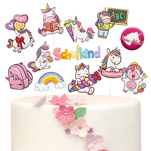 24 Stück Einhorn Einschulung Tortendeko Mädchen - Schulanfang Cupcake Topper im Niedlichem Einhorn-Stil - Einschulung Muffin Deko zum 1. Schultag, Schulkind, Schulanfang, Schuleinführung usw. von BETESSIN