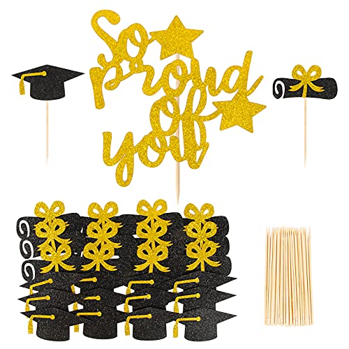 Abschluss Tortendeko Schwarz Gold - So proud of you Tortenstecker mit 24 Stk Absolventenhut Cupcake Toppers Kuchendekoration für Graduation 2025 Abitur Bestandene Prüfung Deko Abschlussfeiern usw. von BETESSIN