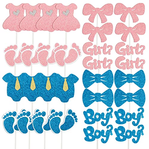 32 Stück Junge oder Mädchen Cupcake Toppers Glitzer Blau und Rosa Boy or Girl Tortendeko mit 8 Formen Kuchen Topper Geschlecht Offenbarung Party Kuchen Dekorationen Baby Shower Party Zubehör von BETESSIN