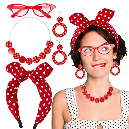 BETESSIN 4TLG Rockabilly Accessoires Damen 50er Jahre Kostüm Kleid Zubehör 60er Jahre Outfit Rot Gepunkte Haarband Polka Dots Stirnband Brille Halskette für 1950s Mottoparty Retro Karneval Party von BETESSIN