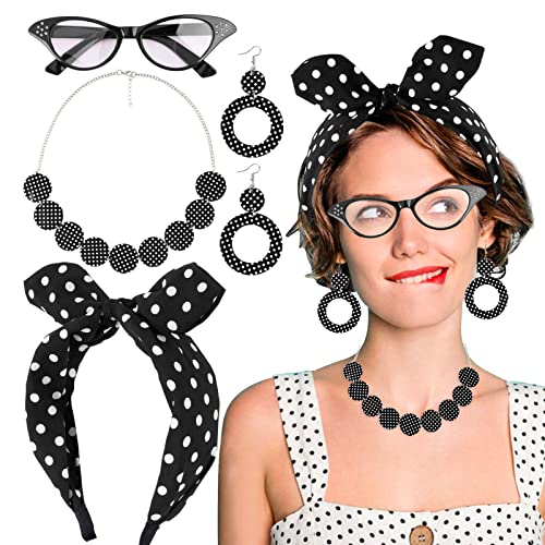 BETESSIN 4TLG Rockabilly Accessoires Damen 50er Jahre Kostüm Kleid Zubehör 60er Jahre Outfit Schwarz Gepunkte Haarband Polka Dots Stirnband Brille Halskette für 1950s Mottoparty Retro Karneval Party von BETESSIN