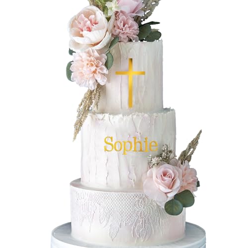 BETESSIN 56Pcs Cake Topper Taufe Personalisiert Kuchen Topper Kreuz Buchstaben Kuchendeko Acryl Kreuze Torte 15x10cm Gold Wunschnamen Kommunion Geburtstag 2 Set A-Z Klein-/ Großbuchstaben Tortendeko von BETESSIN