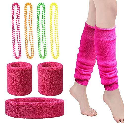 BETESSIN 80er Jahre Outfit Damen Set - inkl. 4x Halsketten, 1 Neon Stirnband, 2x Armbänder und 2x Beinstulpen - Kostüm Accessoires für 1980s Mottoparty, Neon Party, Karneval, Fasching, Fastnacht usw. von BETESSIN