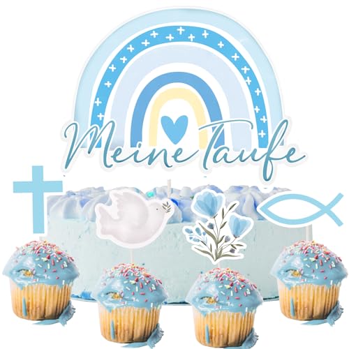 BETESSIN 9er Set Taufe Deko Junge Blau - inkl. Meine Taufe Cake Topper im Boho-Regenbogen Stil und 8 Cupcake Topper mit 4 Mustern - Tortendeko Taufe Junge - Kuchendekoration für Junge und Mädchen von BETESSIN