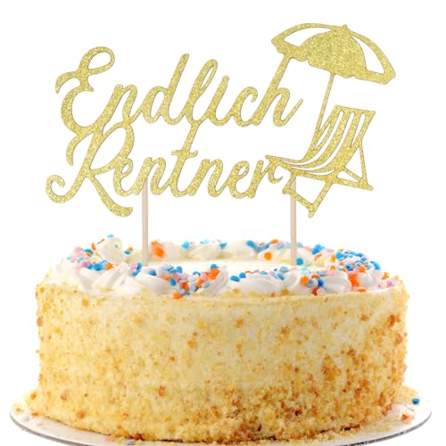 BETESSIN Endlich Rentner Cake Topper Rente Deko Kuchen Deko Gold Ruhestand Deko Torte Glitzer Cupcake Topper Papier Happy Retirement Party Torten Dekoration für Frauen Männer von BETESSIN