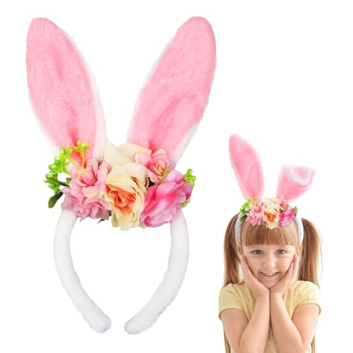 BETESSIN Hasenohren Haarreif Ostern - Plüsch Hasenohren mit Blumen Design - Hasenkostüm für Kinder & Erwachsene - Hasenohren Kostüm für Karneval, Ostern, Kaninchen Party uvm. von BETESSIN