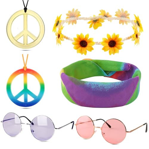 BETESSIN Hippie Kostüm Set 6 Stück Hippie Kostüm Accessoires Vintage inkl. 2 x Hippie Brillen, 2 x Peace Ketten, 1 x Sonnenblumen Haarband und 1 x Hippie Stirnband für 60er 70er Jahre Outfit Damen von BETESSIN