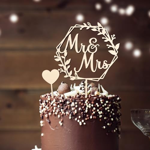 BETESSIN Hochzeitstorte Deko Holz - inkl. "Mr und Mrs" Tortenstecker und 1 Herz Cake Topper zum Beschriften - Personalisierte Kuchendekoration für Hochzeiten, Verlobungen, Hochzeitstage uvm. von BETESSIN