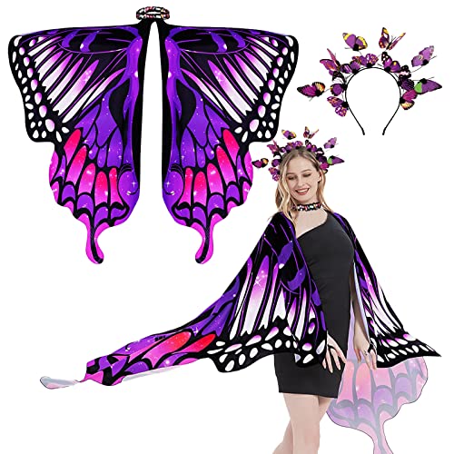 BETESSIN Schmetterling Kostüm Umhang Damen mit Schmetterling Haarreifen Faschingskostüme Sternenhimmel Schmetterling Flügel Poncho Schmetterlingsflügel für Halloween Karneval Party Cosplay Lila von BETESSIN