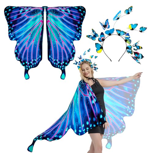 BETESSIN Schmetterling Umhang Damen Schmetterling Kostüm mit Haarreif Schmetterlingsflügel Faschingskostüme Flügel Schal Poncho für Halloween Karneval Fasching Mottoparty Cosplay Blau von BETESSIN