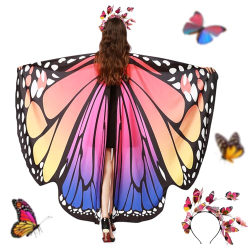 BETESSIN Schmetterling Umhang Damen mit Haarreif Schmetterlingsflügel mit Strassdruck Halsband Karnevalskostüme Schmetterling Flügel Kostüm Schal Poncho für Halloween Fasching Party Cosplay von BETESSIN