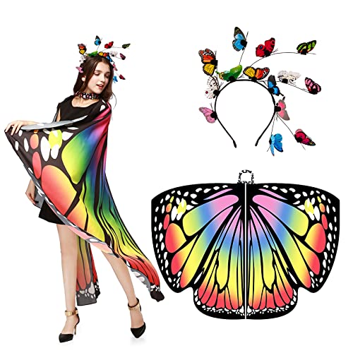 BETESSIN Schmetterling Umhang Damen mit Haarreif Schmetterlingsflügel mit Strassdruck Halsband Karnevalskostüme Schmetterling Flügel Kostüm Schal Poncho für Halloween Fasching Party Cosplay von BETESSIN