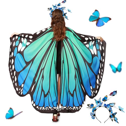 BETESSIN Schmetterling Umhang Damen mit Haarreif Schmetterlingsflügel mit Strassdruck Halsband Karnevalskostüme Schmetterling Flügel Kostüm Schal Poncho für Halloween Fasching Party Cosplay von BETESSIN