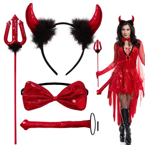 BETESSIN Teufel Kostüm Damen & Kinder - Teufelshörner Haarreif mit Fliege, Schwanz & Dreizack - Teufelsohren Rot Schwarz - Teufel Kostüm Accessoires für Karneval, Fasching, Halloween uvm. von BETESSIN