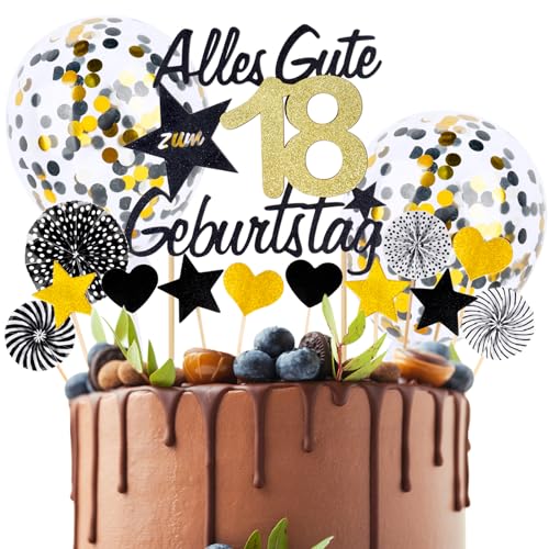 BETESSIN Torten Deko 18 Geburtstag Alles Gute zum Geburtstag 18 Jahre Happy 18th Birthday mit Ballon Herze Sterne Cake Topper Kuchen Topper Kuchendeko 18 Geburstagstorte Gold Schwarz Frauen Männer von BETESSIN