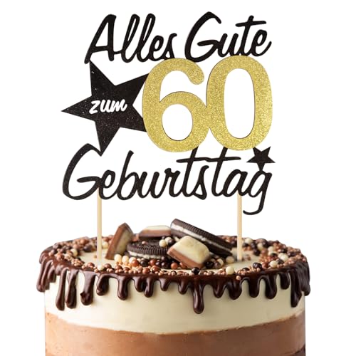 BETESSIN Torten Deko 60 Geburtstag Alles Gute zum Geburtstag 60 Jahre Happy 60th Birthday Cake Topper Kuchen Topper Kuchendeko 60 Geburstagstorte Deko Gold Schwarz Frauen Männer von BETESSIN