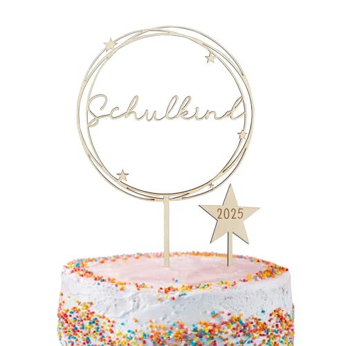 BETESSIN Tortendeko Einschulung Holz - Schulkind 2024 Cake Topper im Sternen Stil - Kuchendekoration zum Schulanfang - Einschulung Deko für Mädchen und Jungen von BETESSIN