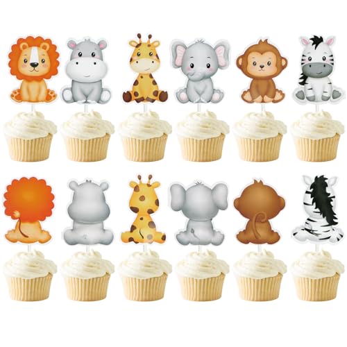 BETESSIN Tortendeko Safari Geburtstag Dschungel Deko - 36 Stück Waldtiere Cake Topper - Wild One Geburtstag Deko - Dschungel Tiere Muffin Deko für 1. Geburtstage Junge, Babyparty uvm. von BETESSIN