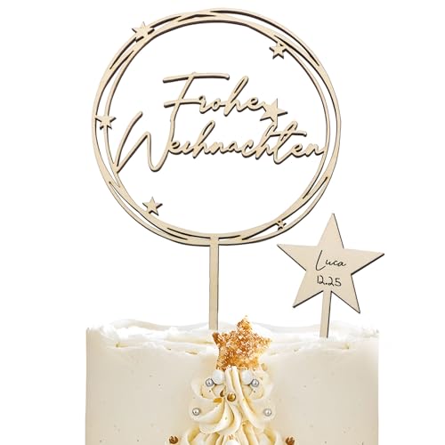 BETESSIN Tortendeko Weihnachten - Frohe Weihnachten Cake Topper Holz - Tortenstecker im Stern Stil - Kuchendekoration für Weihnachtstorte von BETESSIN
