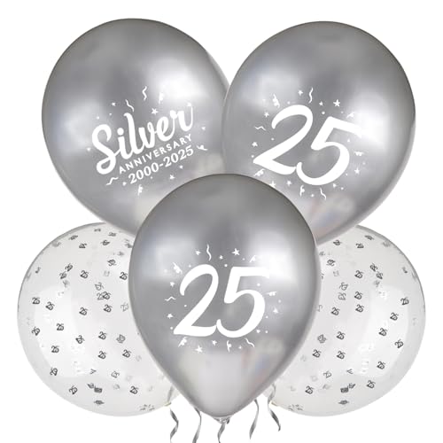BETESSIN 24 Stück Silberhochzeit Luftballons in 3 Stilen - Silber Metallic, Zahl 25 und Konfetti-Ballons für 25. Jubiläum, Geburtstag, Silberhochzeit Deko von BETESSIN