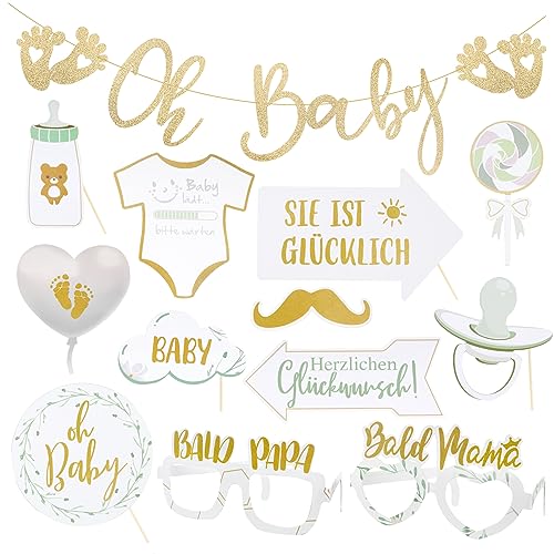 Babyparty Deko Set Oh Baby Girlande Deko Banner Gold und 12 Pcs Babyparty Fotorequisiten für Baby Shower Babydusche Gender Reveal Party usw. von BETESSIN