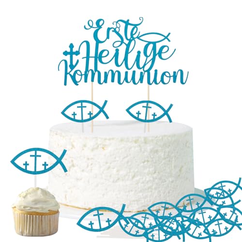 BETESSIN Erste Heilige Kommunion Tortendeko - Cake Topper Kommunion Junge Blau - inkl. 1 Große Tortenstecker und 10 Fisch Muffin Toppers - Kuchendekoration zur Erstkommunion für Junge und Mädchen von BETESSIN