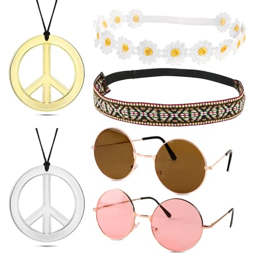 Hippie Kostüm Set 6 Stück Hippie Kostüm Accessoires Vintage inkl. 2 x Hippie Brillen, 2 x Peace Ketten, 1 x Gänseblümchen Haarband und 1 x Böhmen Stirnband für 60er 70er Jahre Outfit Damen und Herren von BETESSIN