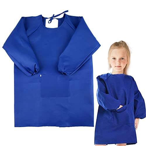 BETESSIN Malkittel Kinder Blau - Malschürze für Kinder 7~11 Jahre - Größe L (für Körpergröße 120~140cm) - Ideal für Schule, Haushalt und als Geschenkidee zum Schulanfang - Aus waschbarem Polyester von BETESSIN