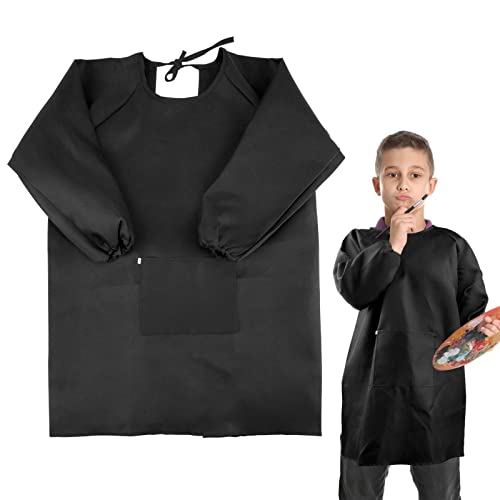 BETESSIN Malkittel Kinder Schwarz - Malschürze für Kinder 7~11 Jahre - Größe L (für Körpergröße 120~140cm) - Ideal für Schule, Haushalt und als Geschenkidee zum Schulanfang - Aus waschbarem Polyester von BETESSIN