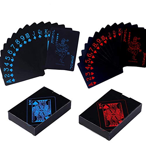 BETOY Spielkarten 2PCS wasserdichte Poker Karten Kunststoff Pokerkarten Black Spielkarten Spiele Kinder & Erwachsene Familienparty Spiel Playing Cards (Blau & Rot) von BETOY