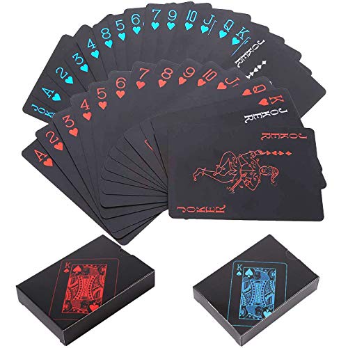 BETOY Spielkarten 2PCS wasserdichte Poker Karten Kunststoff Pokerkarten Black Spielkarten Spiele Kinder & Erwachsene Familienparty Spiel Playing Cards (Blau & Rot & Silber) von BETOY