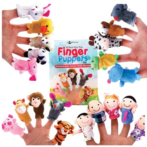 BETTERLINE Better Line 20-teiliger Fingerpuppen Satz zum Geschichten erzählen - Stoffpuppen mit 14 Tieren Plus 6 Personen, Mitglieder Einer Familie von BETTERLINE