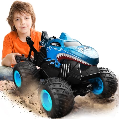 BEZGAR Monster Truck Spielzeug – Monstertruck Ferngesteuert mit Licht und Musik, Dinosaurier Spielzeug RC-Truck mit 360°-Drehung und Tanz, Ferngesteuertes Auto ab 3 4 5 6 7 8 Jahre, Blau von BEZGAR