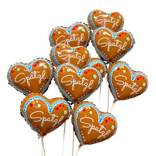 10 Stück Herz Folienballon "SPATZL" im Lebkuchenherz Design (24cm) - Luftballon Hochzeit Geburtstag Bayern Party Oktoberfest von BF Souvenirs