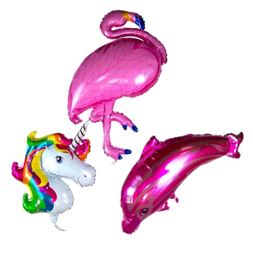 3 Stück Folienballon "HAPPY 3" Einhorn + Delphin + Flamingo - Tiere Helium Luftballon Heliumballon Tiere Kinder von BF Souvenirs