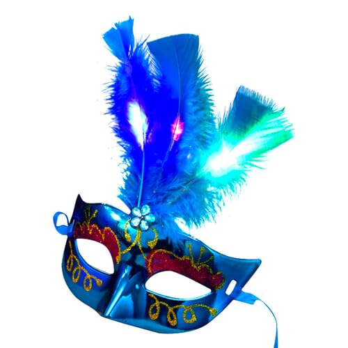 BF Souvenirs LED Maskerade VENEZIA mit Federn/venezianische Maske mit leuchtend u. blinkend Federn - Party Fasching Karneval Junggesellinnen Abschied Geburtstag Hochzeit (blau) von BF Souvenirs