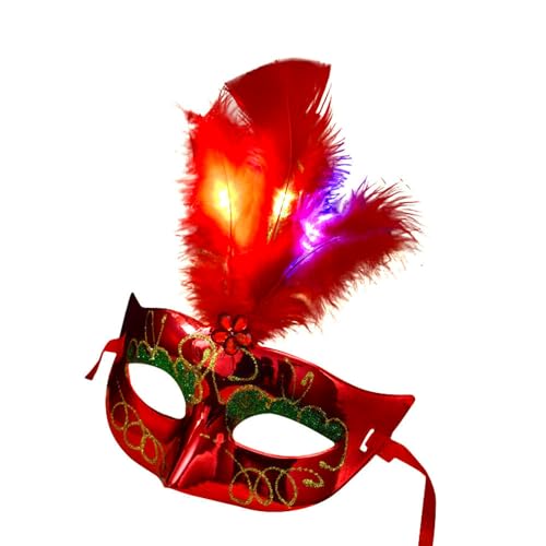 BF Souvenirs LED Maskerade VENEZIA mit Federn/venezianische Maske mit leuchtend u. blinkend Federn - Party Fasching Karneval Junggesellinnen Abschied Geburtstag Hochzeit (rot) von BF Souvenirs